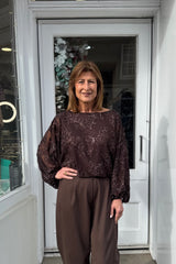 Chocolate Brown Sparkly Flower Embroidered Bubble Hem Blouse