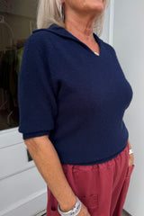 Navy Blue Short Sleeve Knitted Polo Top