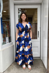 Navy and Tan Tie Dye V-neck Printed Maxi Dress