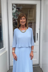 Sky Blue Plain Pastel Vneck Cape Maxi Plisse Dress