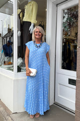 Light Blue Polka Dot Pleated Maxi Dress