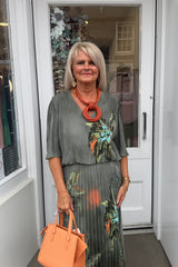 Khaki Green Floral Vneck Printed Maxi Plisse Dress