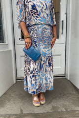 Blue Leopard Print Round Neck Printed Maxi Plisse Dress