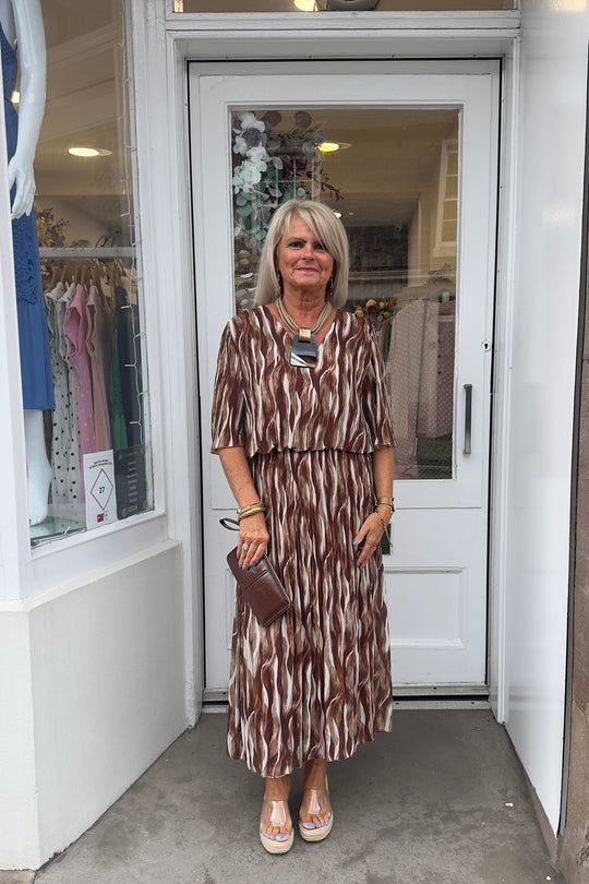 Brown Wavy Vneck Printed Maxi Plisse Dress