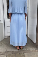 Sky Blue Plain Pastel Vneck Cape Maxi Plisse Dress