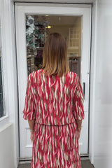 Raspberry Red Wavy Vneck Printed Maxi Plisse Dress