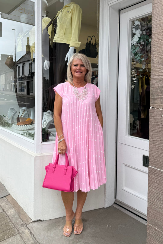 Light Pink Polka Dot Pleated Midi Dress