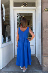 Royal Blue Double Vneck Sleeveless Cotton Dress