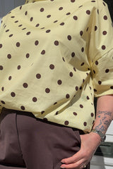 Butter Yellow and Brown Polkadot Cowl Neck Top