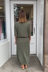 Khaki Green Plain Vneck Maxi Plisse Dress