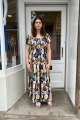 Navy and Beige Circle Bardot Printed Maxi Dress