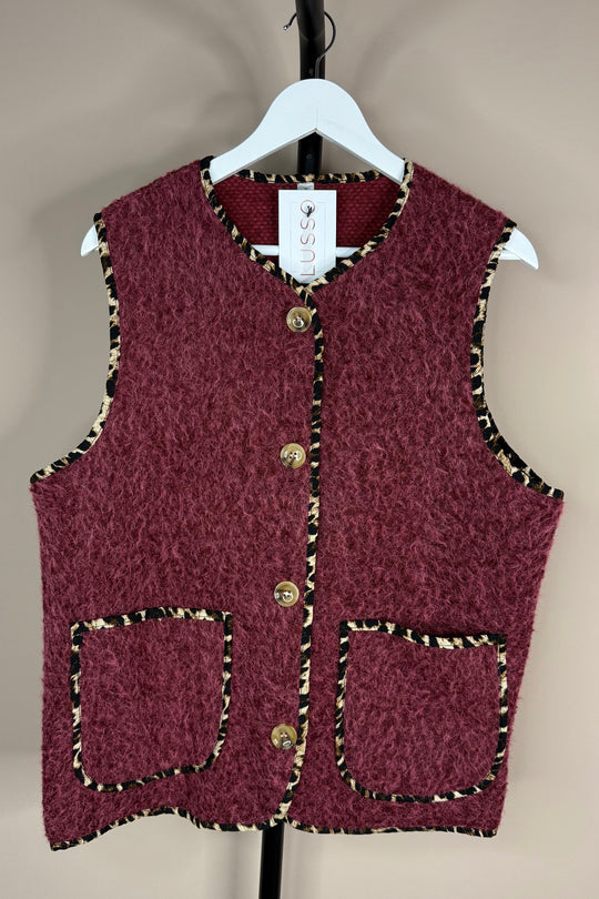 Leopard Trim Gilet Burgundy