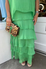 Bright Green Overlay Tiered Silky Maxi Dress