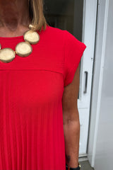 Red Plain Pleated Midi Dress