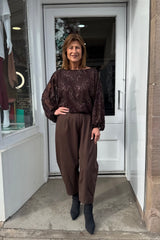 Chocolate Brown Sparkly Flower Embroidered Bubble Hem Blouse
