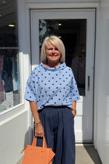 Baby Blue and Navy Polkadot Cowl Neck Top