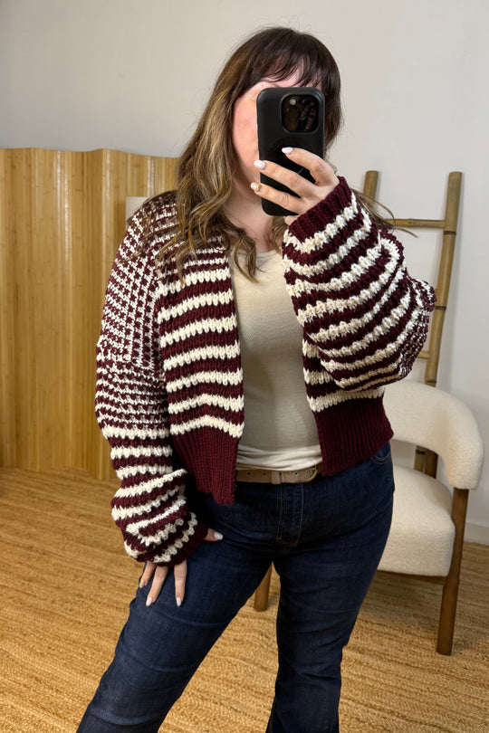 Burgundy And White Chunky Balloon Sleeve Cardigan