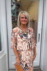 Brown Leopard Print Round Neck Printed Maxi Plisse Dress