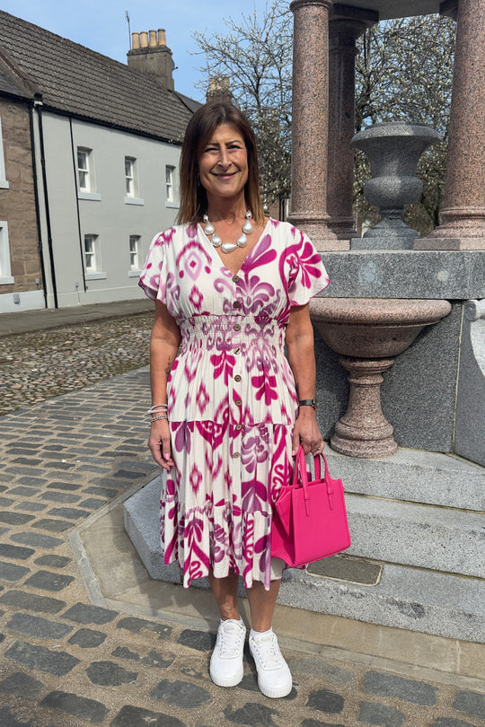 Vneck Magenta And White Botanical Print Midi Dress