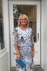 Blue Leopard Print Round Neck Printed Maxi Plisse Dress