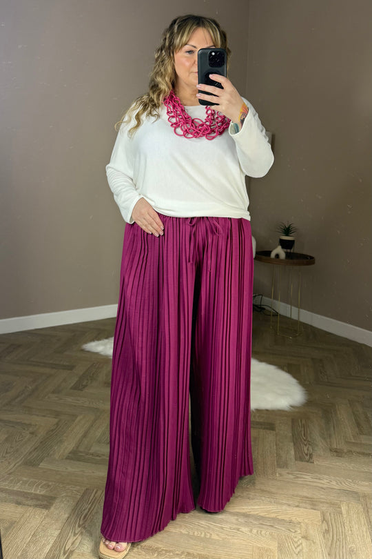 Magenta Wide Leg Pleated Trousers