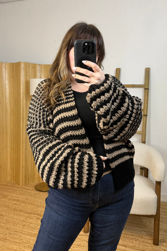 Black And Mocha Chunky Balloon Sleeve Cardigan