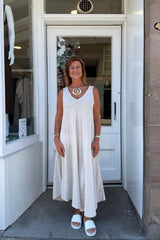Sand Beige Double Vneck Sleeveless Cotton Dress