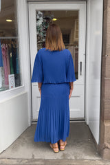 Cobalt Blue Plain Vneck Maxi Plisse Dress