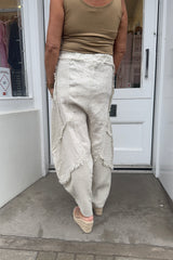 Beige Raw Hem Linen Trousers