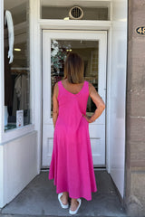 Cerise Pink Double Vneck Sleeveless Cotton Dress