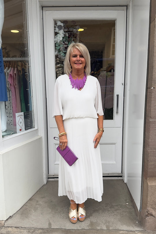 White Plain Vneck Maxi Plisse Dress