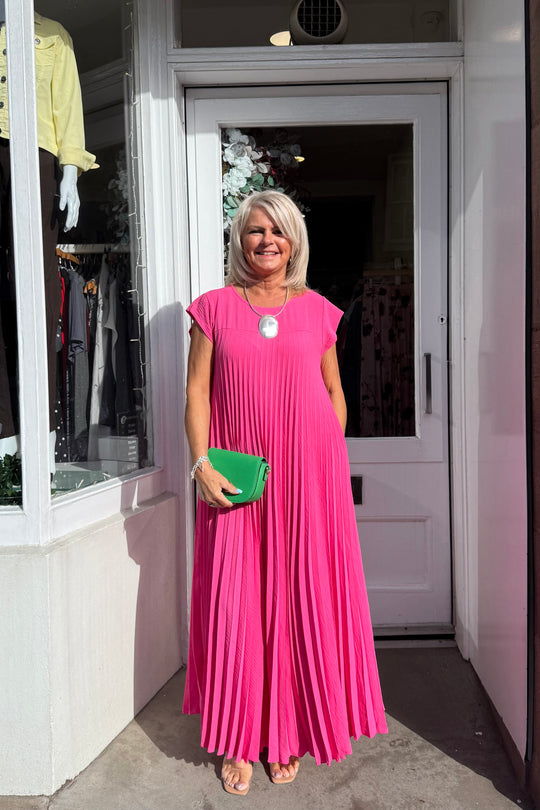 Cerise Pink Plain Pleated Maxi Dress