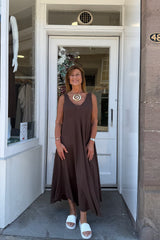 Chocolate Brown Double Vneck Sleeveless Cotton Dress