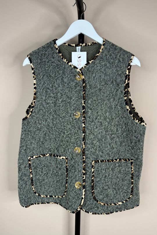 Leopard Trim Gilet Grey