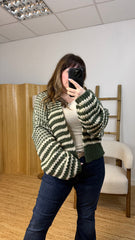 Khaki Green And Beige Chunky Balloon Sleeve Cardigan