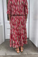 Raspberry Red Wavy Vneck Printed Maxi Plisse Dress