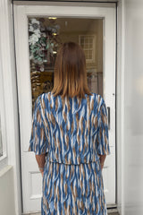 Blue Wavy Vneck Printed Maxi Plisse Dress