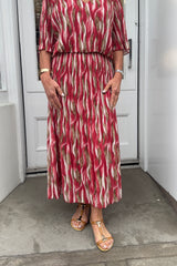 Raspberry Red Wavy Vneck Printed Maxi Plisse Dress