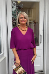 Magenta Plain Vneck Maxi Plisse Dress