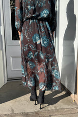 Petra Chocolate Brown and Teal Floral Printed Dress