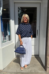 Navy and White Polkadot Cowl Neck Top