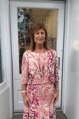 Cerise Pink Leopard Print Round Neck Printed Maxi Plisse Dress
