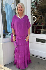 Magenta Overlay Tiered Silky Maxi Dress