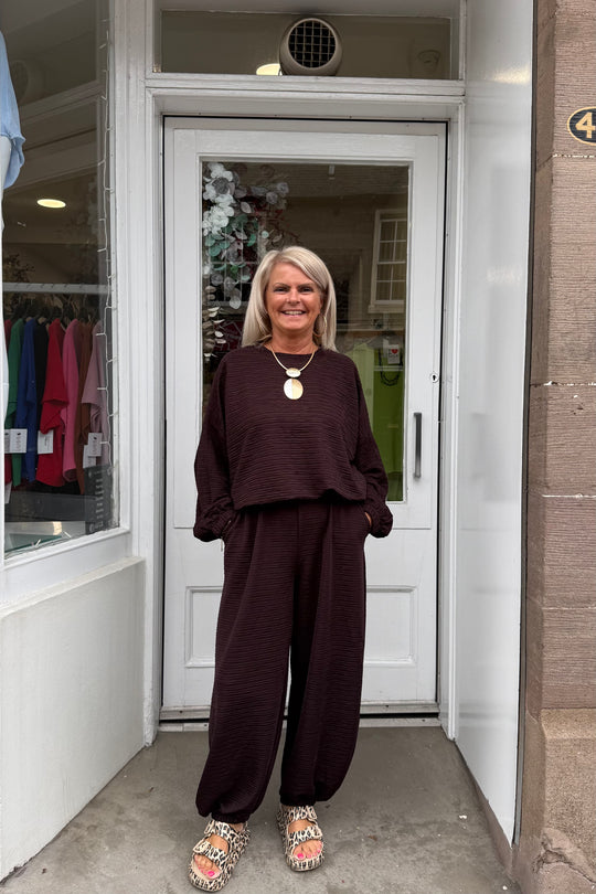 Cocoa Brown Bessy Crinkle Trouser Set