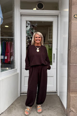 Cocoa Brown Bessy Crinkle Trouser Set