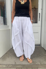 White Raw Hem Linen Trousers