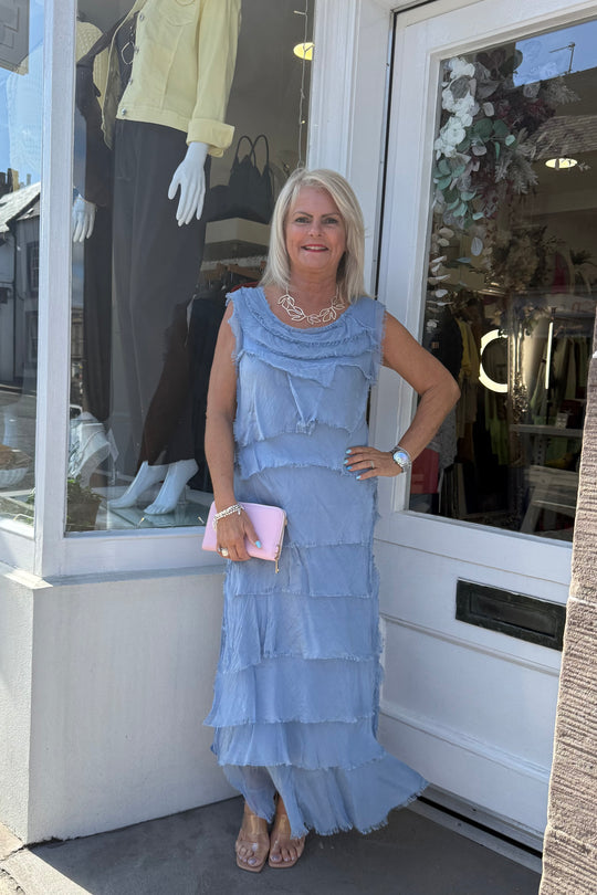 Denim Blue Sleeveless Tiered Silky Maxi Dress