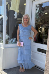 Denim Blue Sleeveless Tiered Silky Maxi Dress