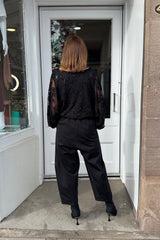 Black Sparkly Flower Embroidered Bubble Hem Blouse