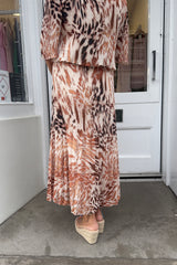 Brown Leopard Print Round Neck Printed Maxi Plisse Dress